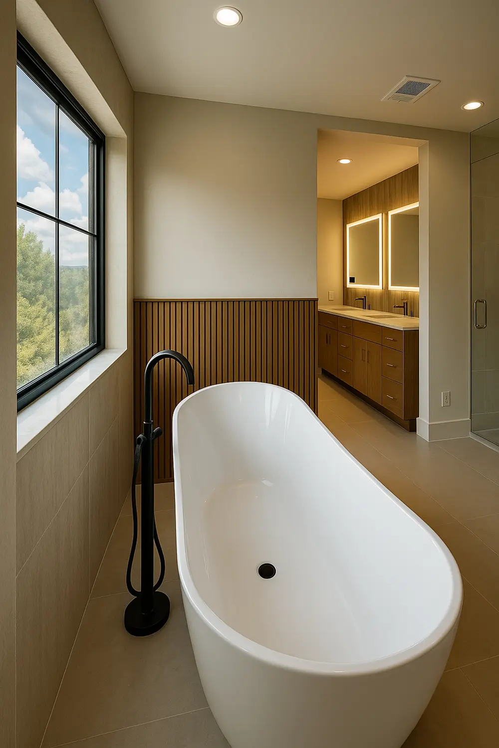 Modern primary bath with freestanding tub, slatted walnut wainscot, and matte-black fixtures by ARS Home Improvement