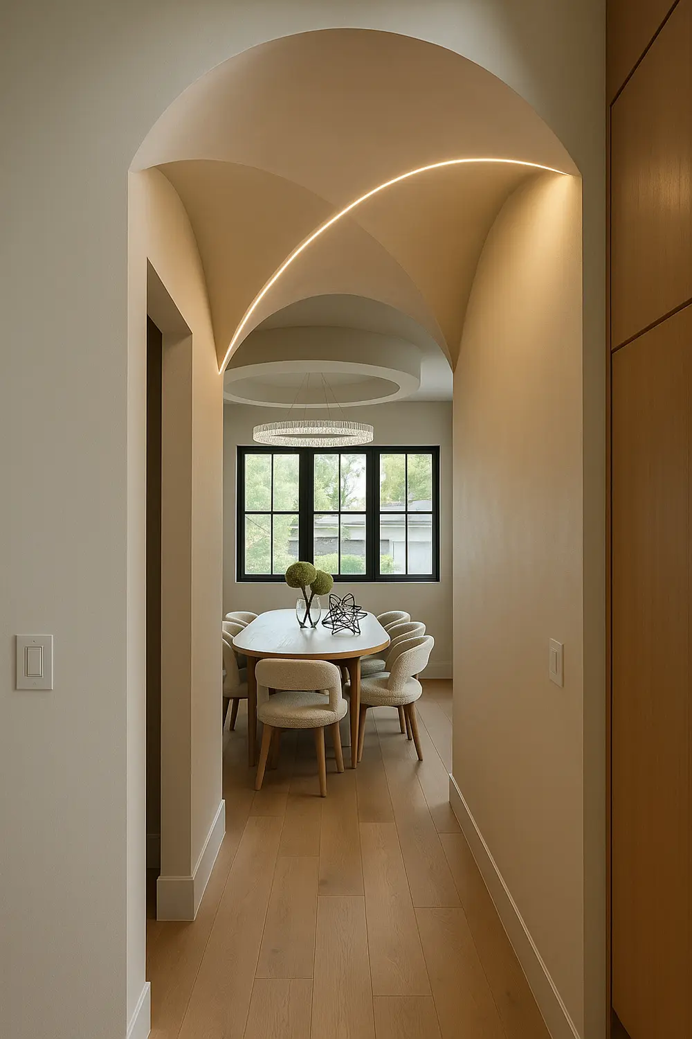 Vaulted barrel-arched dining hall with chandelier and oak flooring designed by ARS Home Improvement