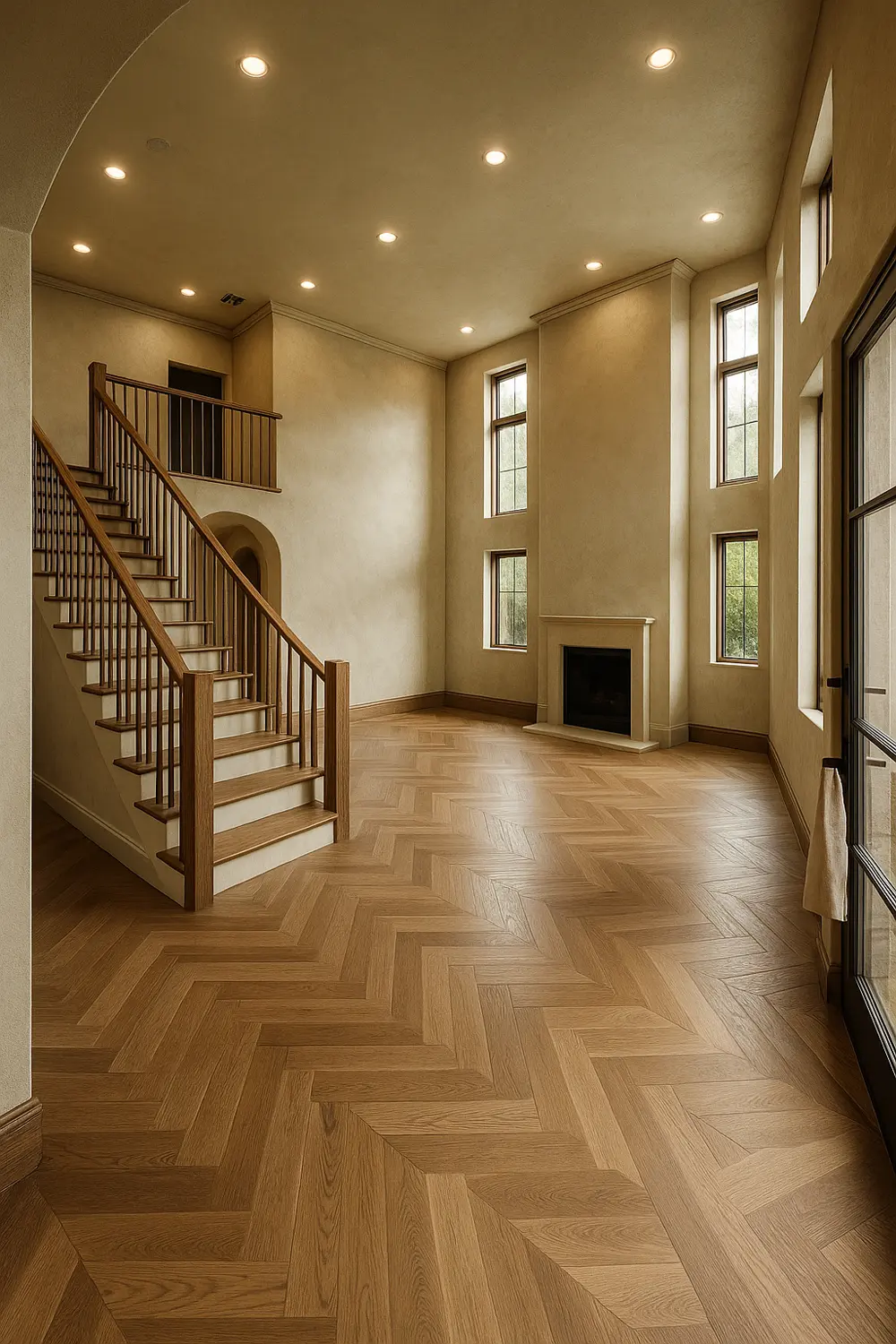 Two-story great room with white-oak herringbone floors and limestone fireplace by ARS Home Improvement